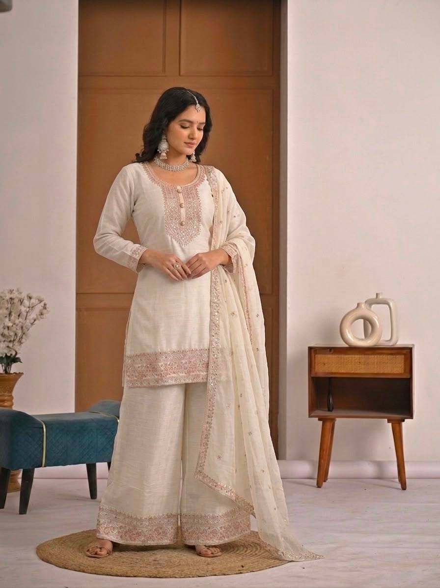 White Embroidered Palazzo Suit Set with Dupatta