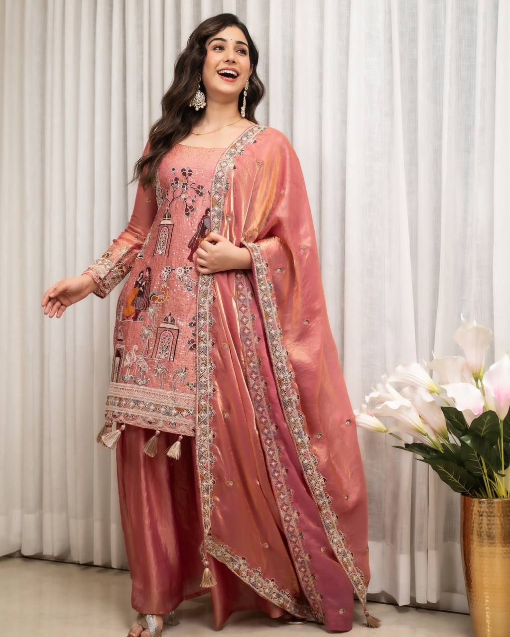Peach Pink Embroidered Silk Kurta Set with Dupatta