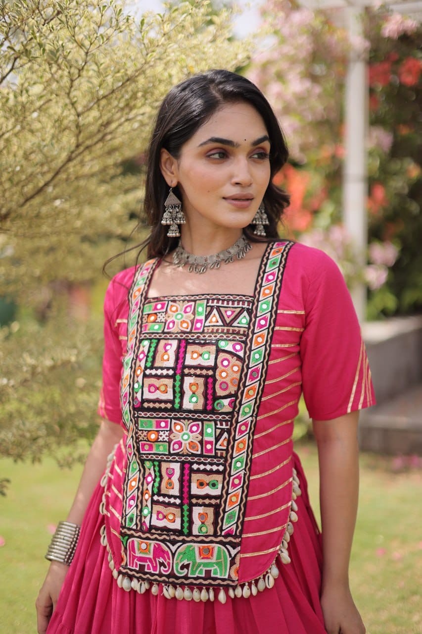 Women’s Pink Navratri Lehenga Choli with Multicolor Embroidered Front