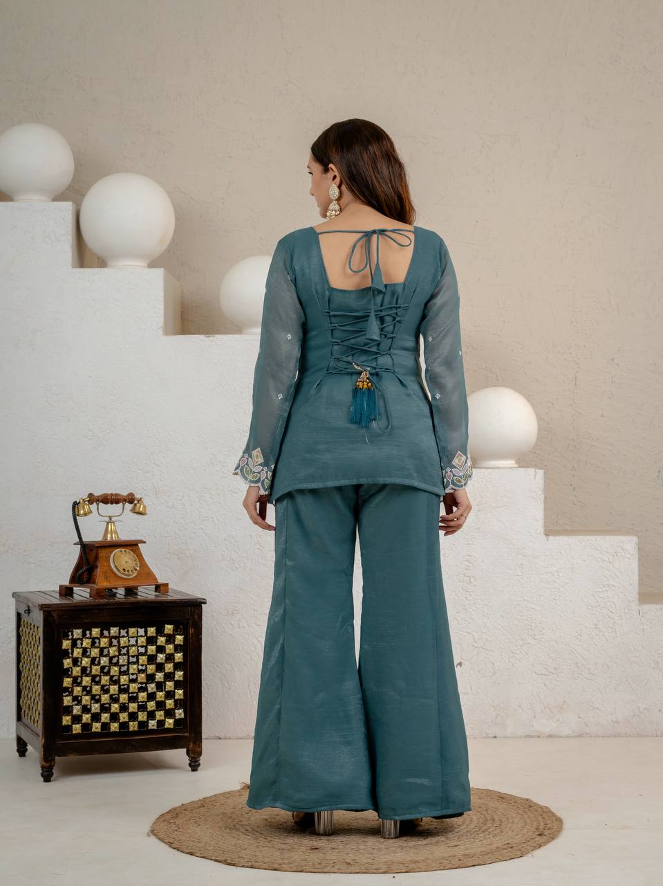 Teal Blue Embroidered Palazzo Suit Set with Dupatta