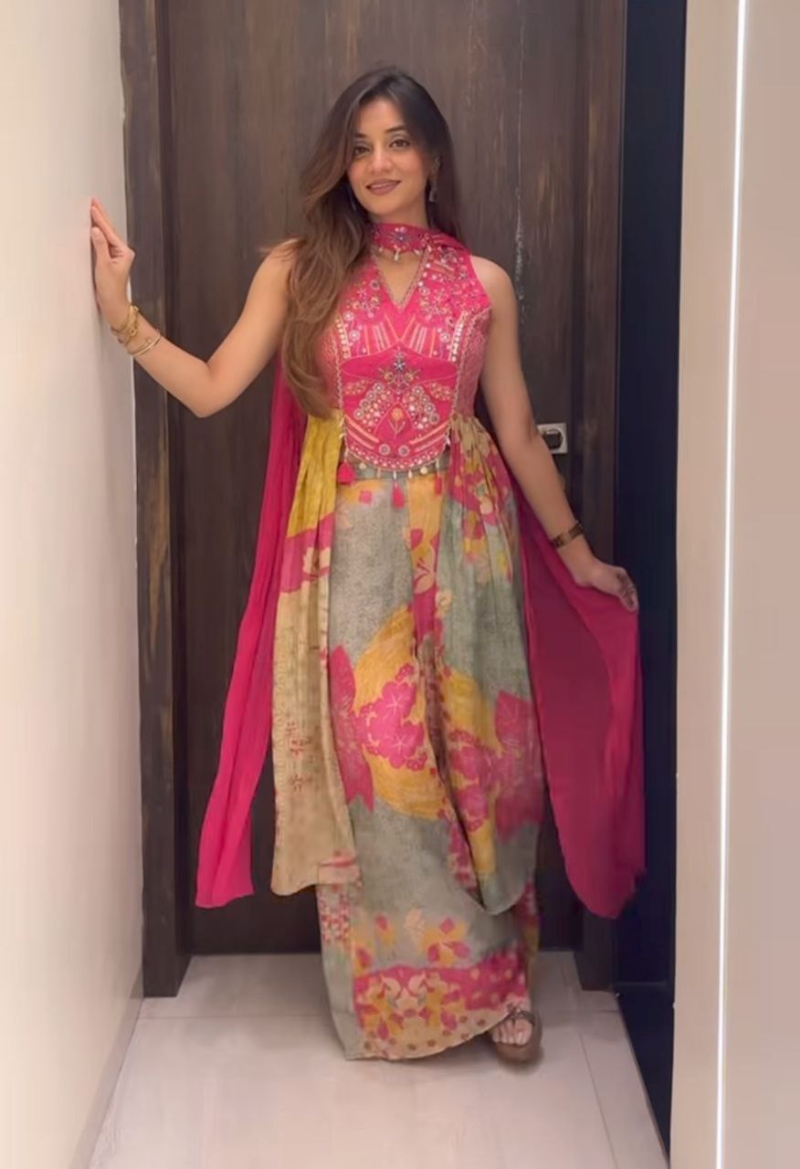 Pink Embroidered Crop Top with Printed Palazzo & Dupatta