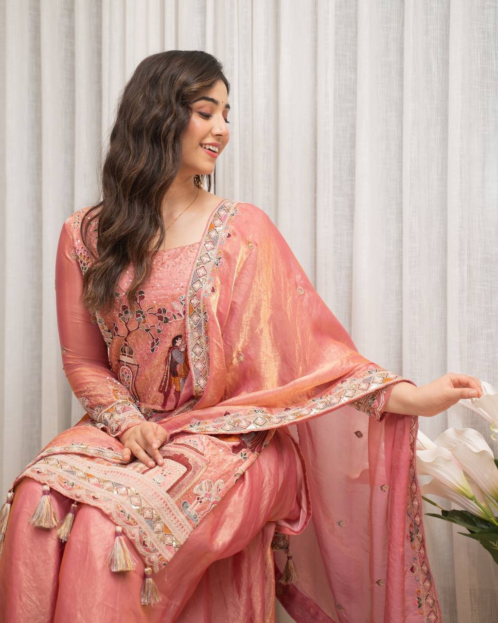 Peach Pink Embroidered Silk Kurta Set with Dupatta