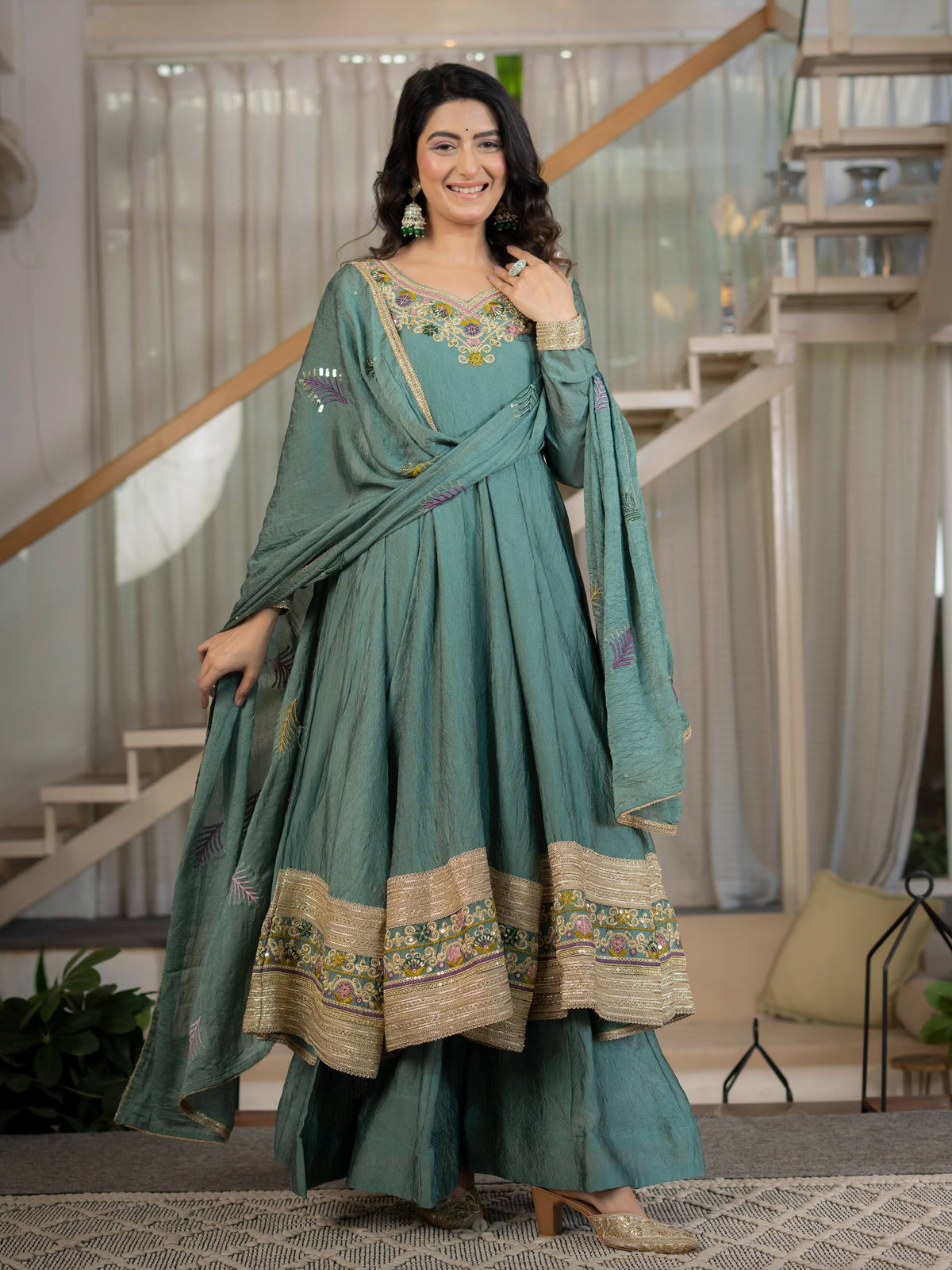 Teal Green Embroidered Anarkali Gown with Dupatta