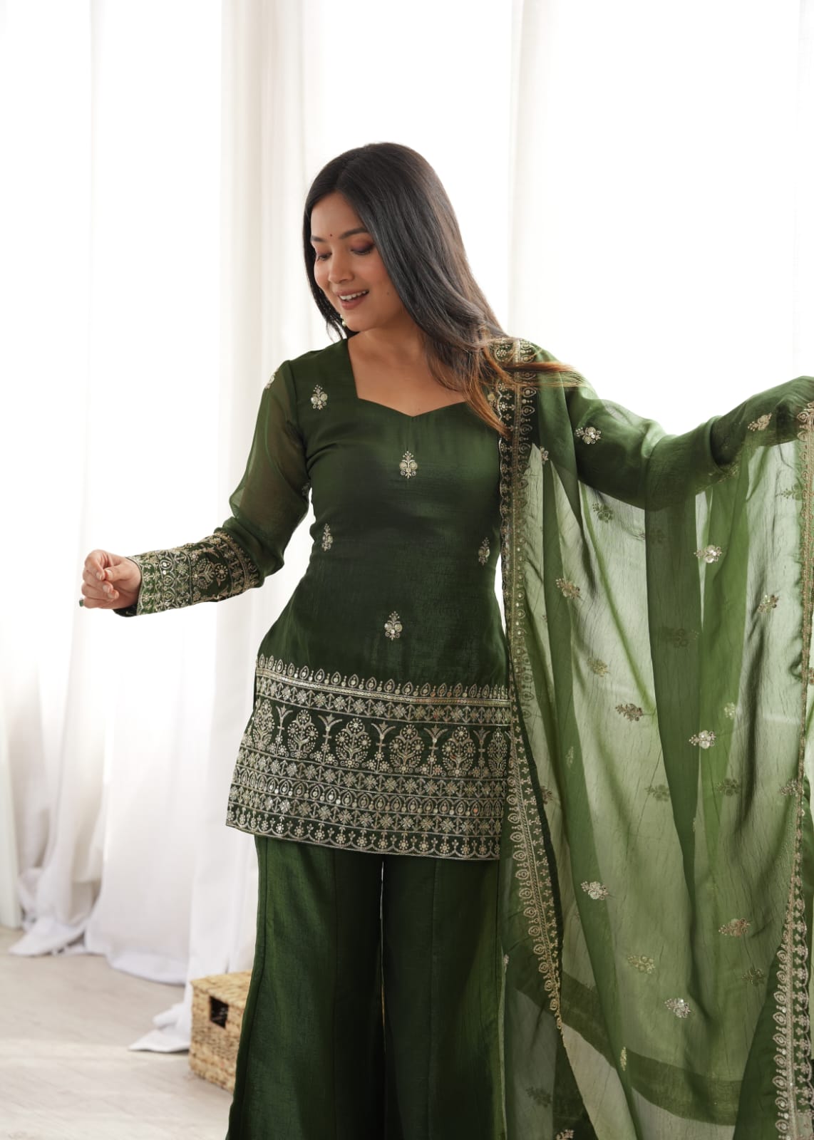 Emerald Green Embroidered Kurta Sharara Set