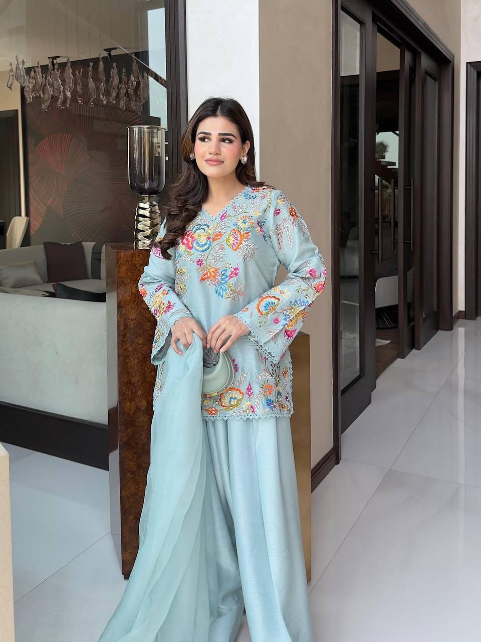 Sky Blue Embroidered Kurta Pant & Dupatta Set
