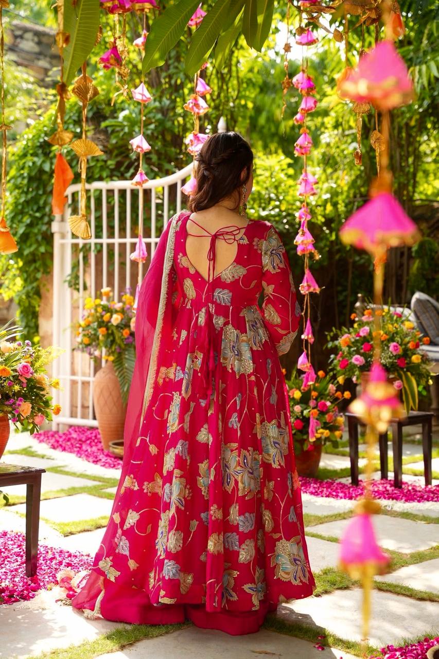 Hot Pink Floral Embroidered Anarkali Suit with Dupatta