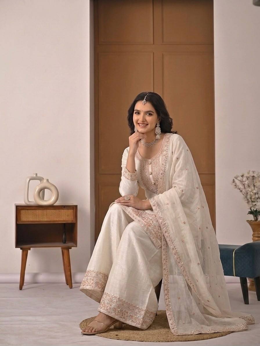 White Embroidered Palazzo Suit Set with Dupatta