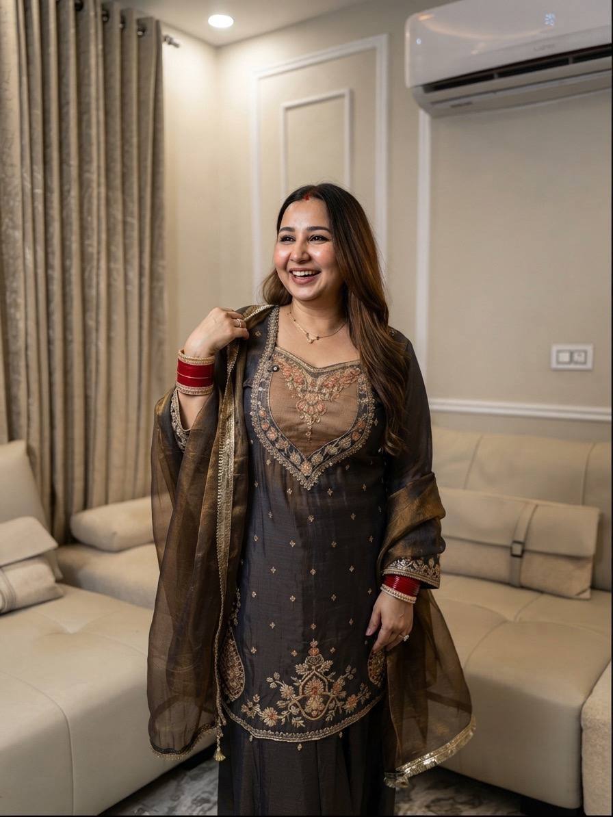 Charcoal Grey Embroidered Anarkali Suit with Dupatta