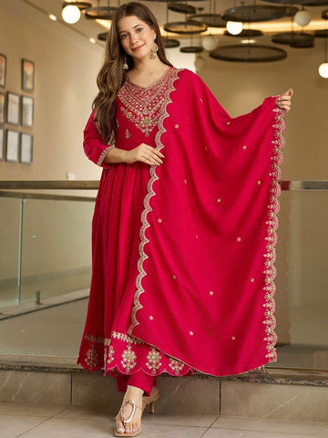 Rani Pink Embroidered Anarkali Kurta Set