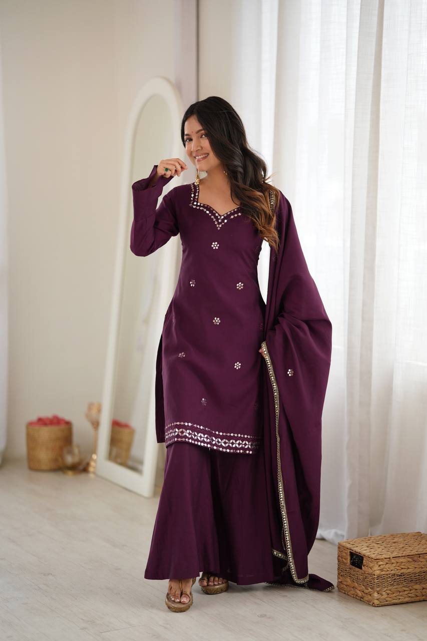 Wine Purple Embroidered Kurta Palazzo Set with Dupatta