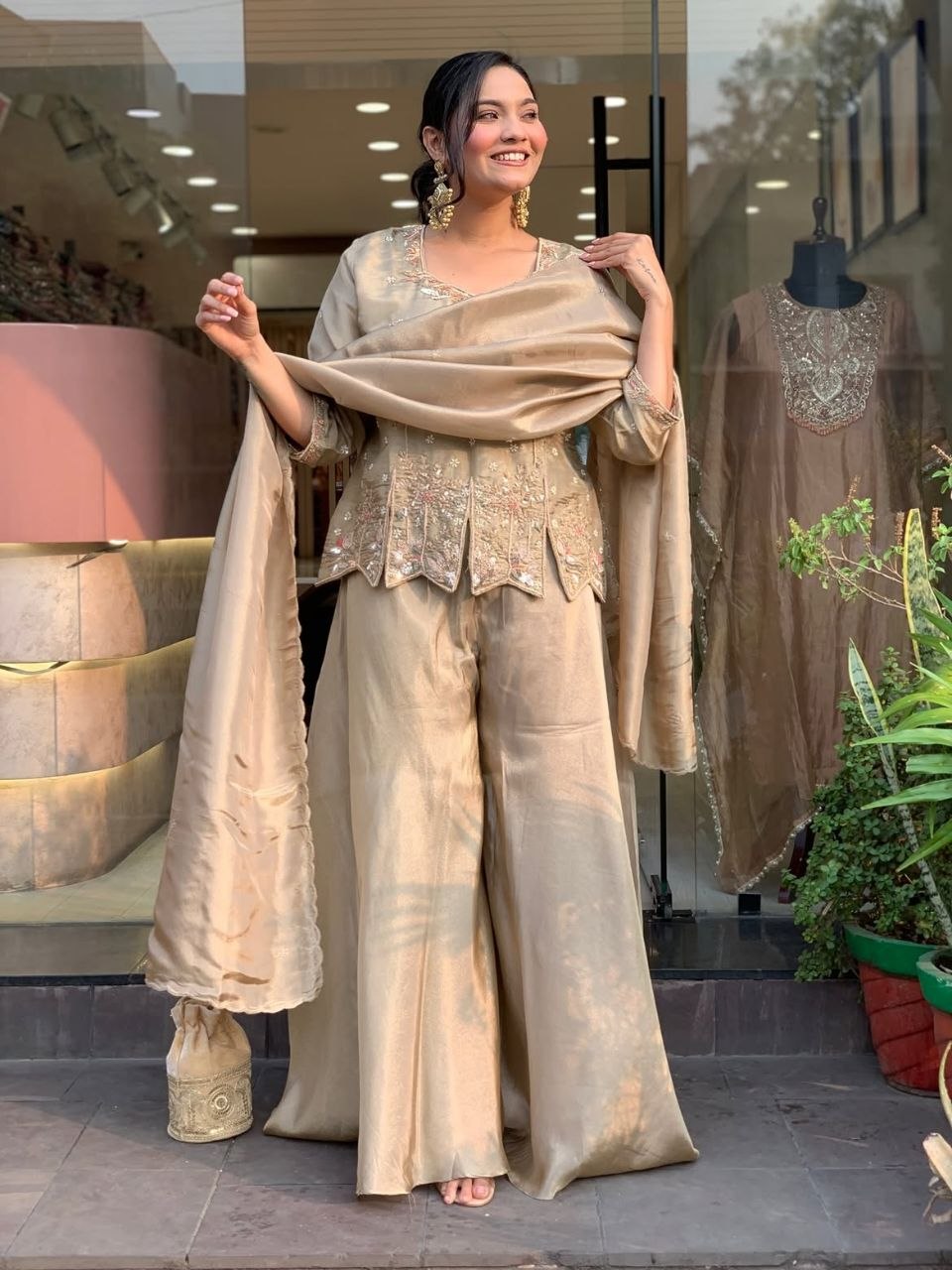 Beige Embroidered Peplum Kurta Palazzo Set with Dupatta