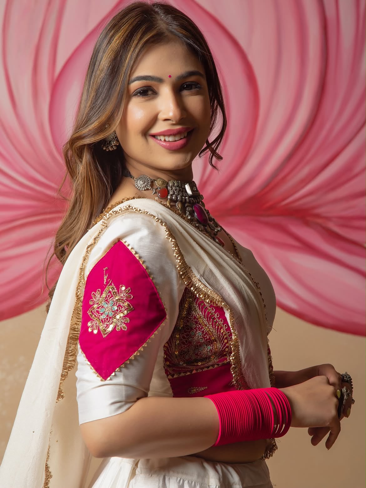 White Lehenga Choli with Pink Embroidered Border & Dupatta