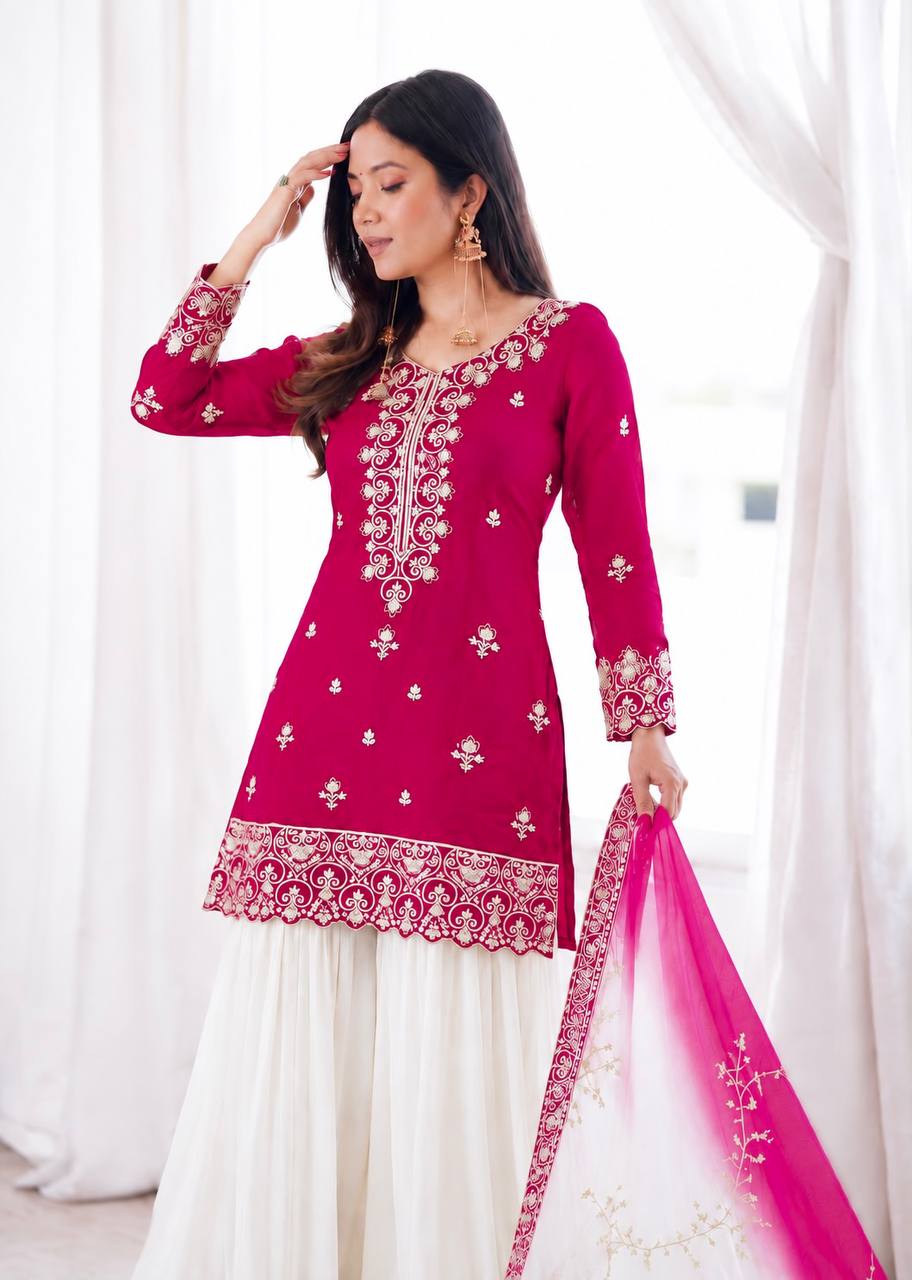 Pink Embroidered Kurta with White Palazzo & Dupatta Set