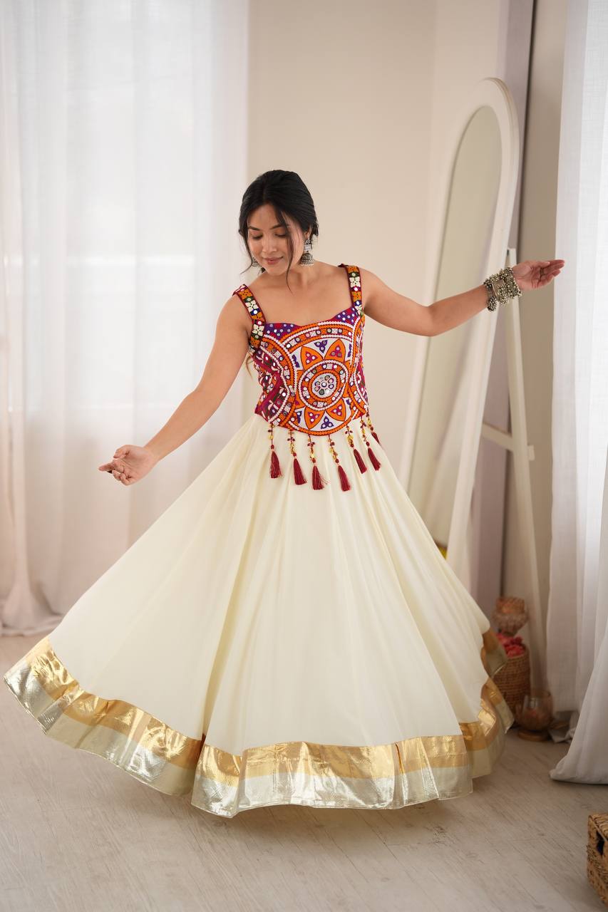 White Embroidered Chaniya Choli with Mirror Work & Gold Border