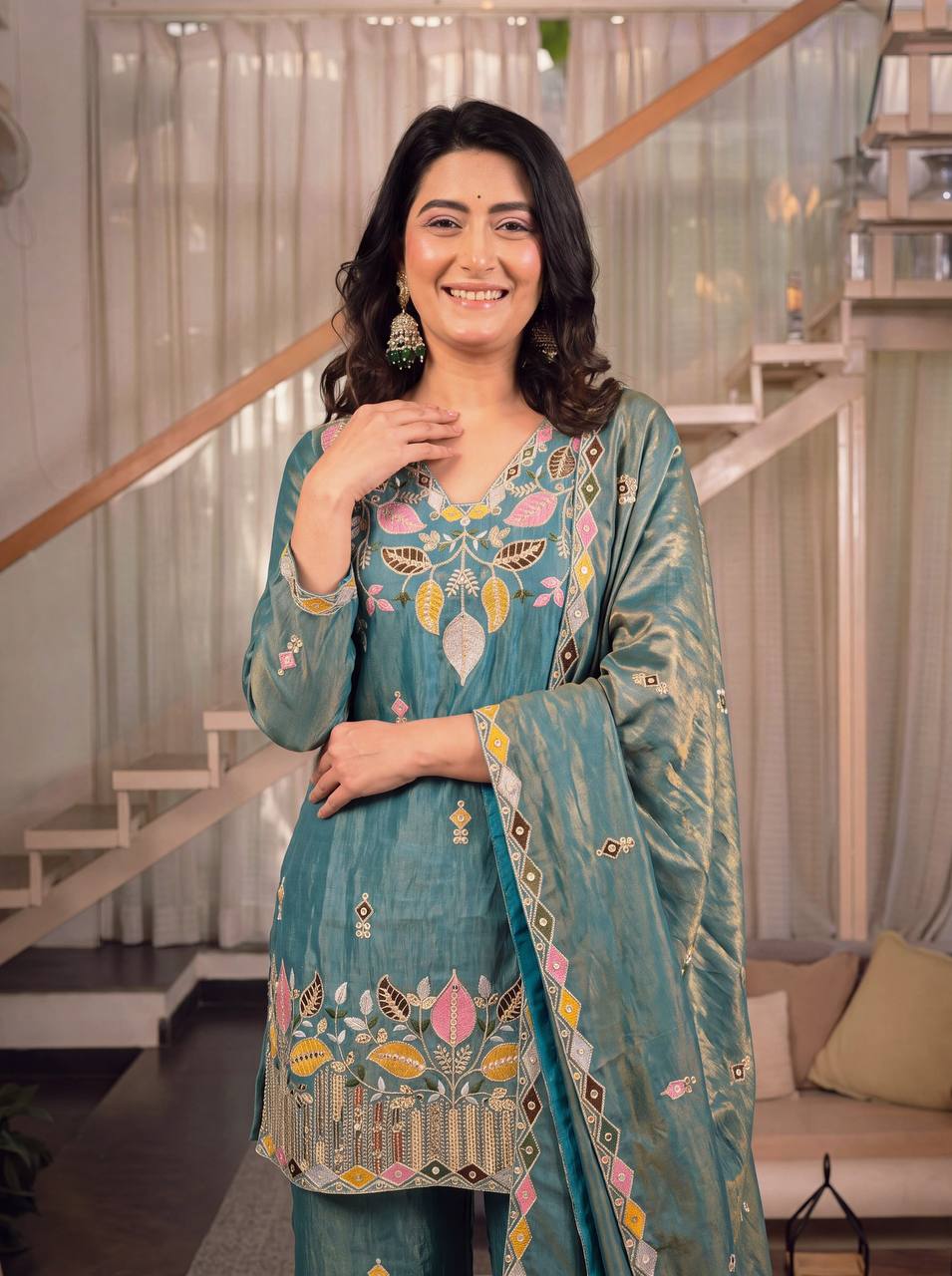 Teal Blue Embroidered Kurta Pant Set with Dupatta