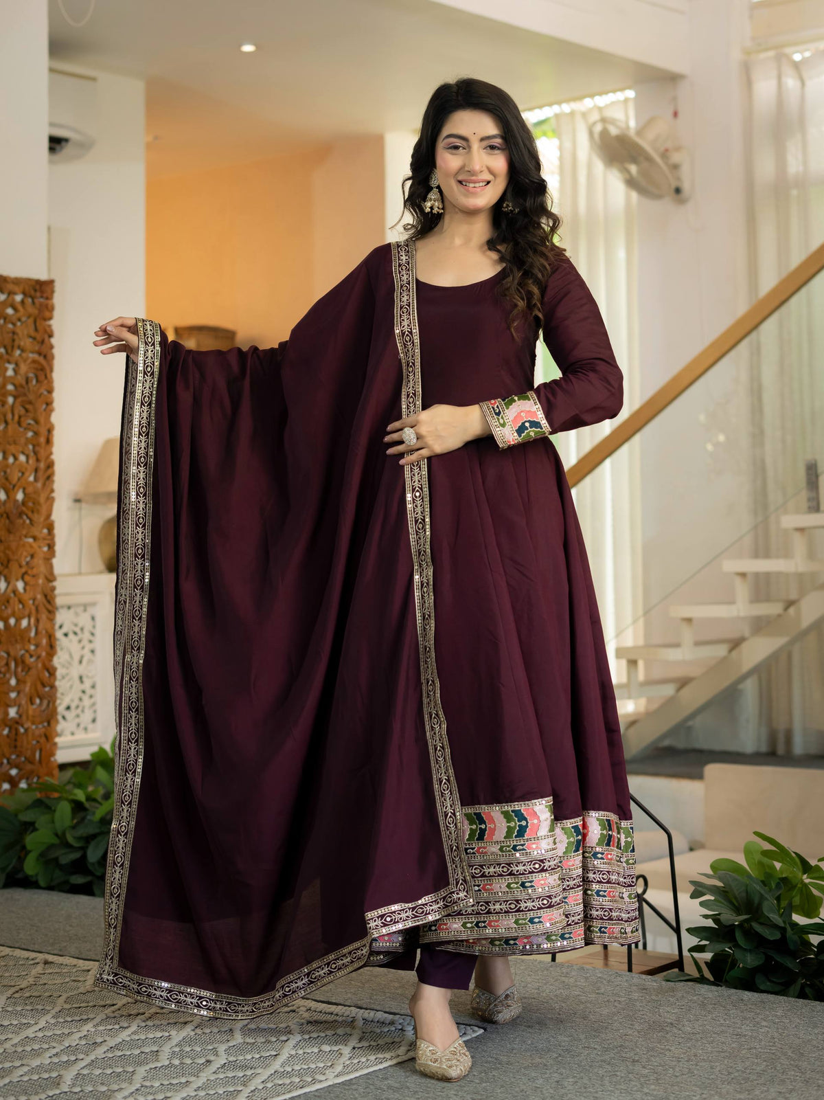Maroon Embroidered Anarkali Suit Set with Dupatta