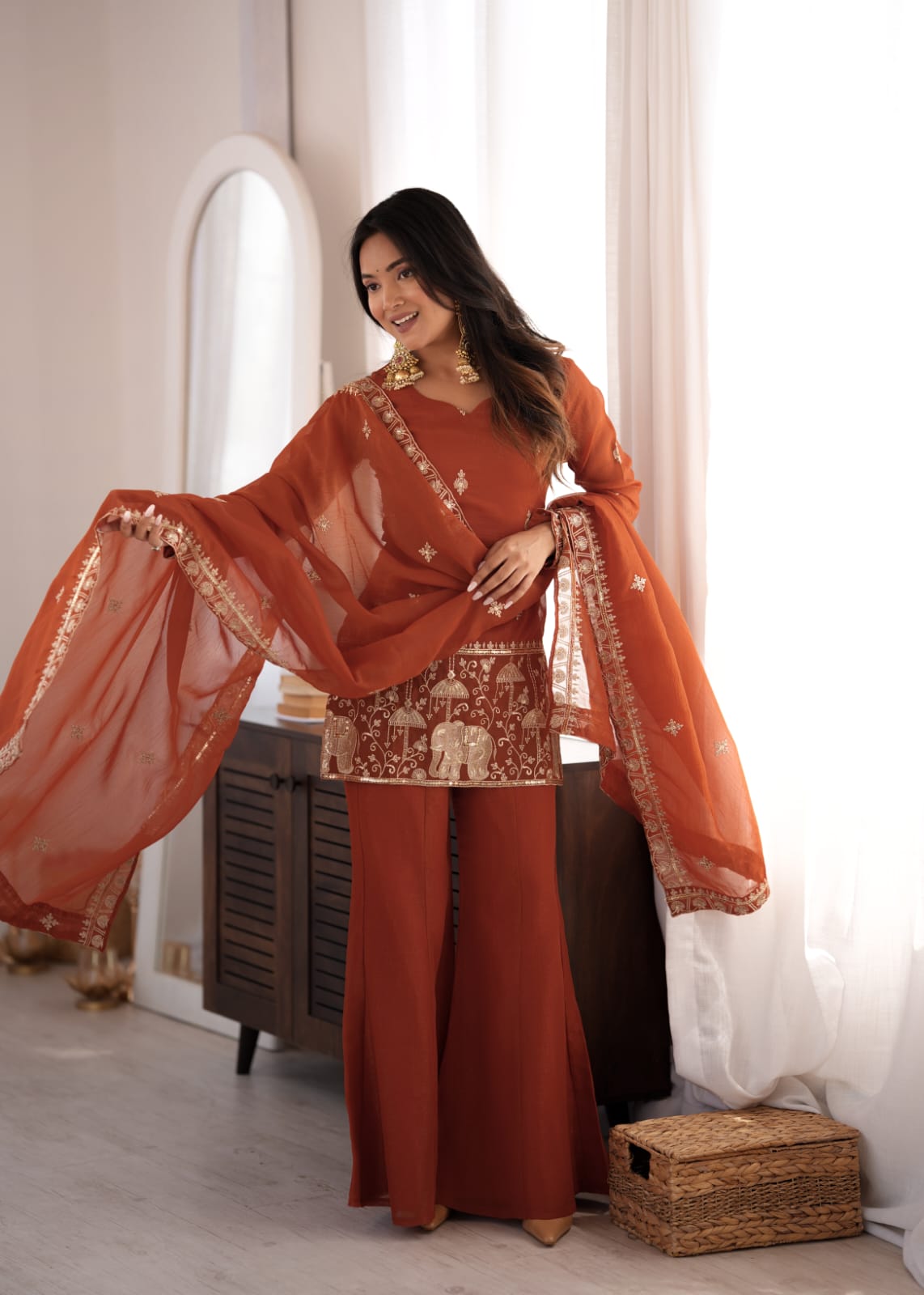 Rust Orange Embroidered Kurta Sharara Set