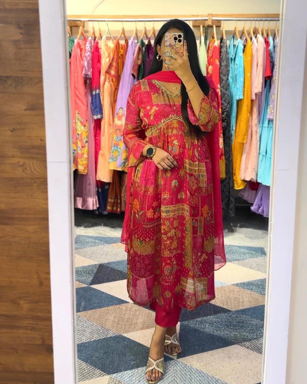 Rani Pink Floral Printed Anarkali Kurta Set with Dupatta