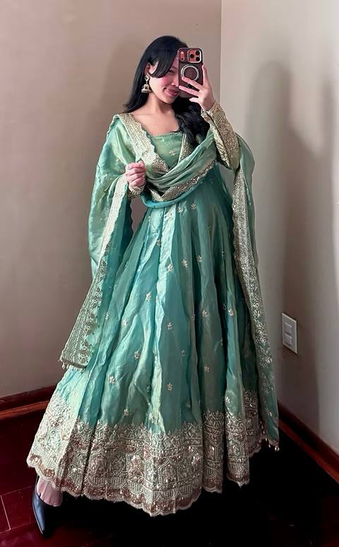 Sea Green Embroidered Anarkali Gown with Dupatta