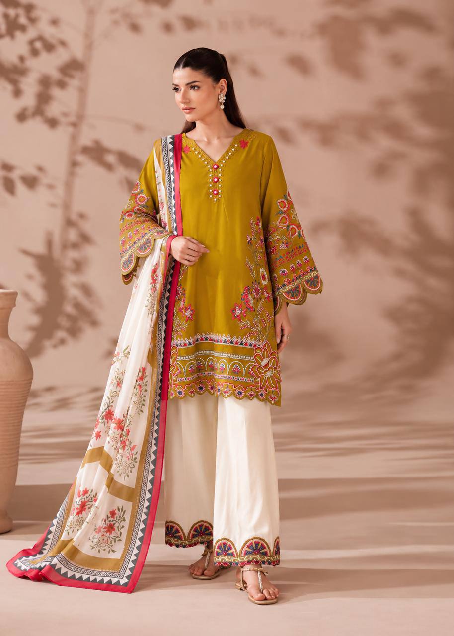 Mustard Yellow Embroidered Palazzo Suit Set with Printed Dupatta