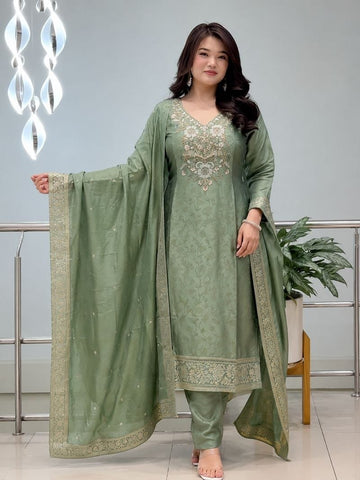 Sage Green Embroidered Jacquard Kurta Pant Set