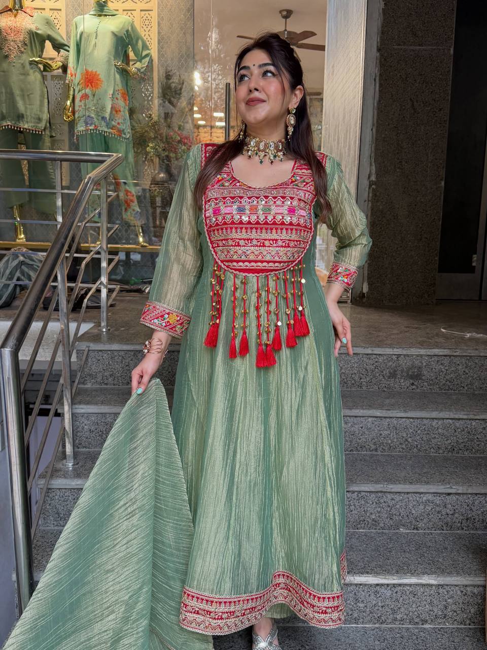 Sage Green Embroidered Anarkali Suit with Dupatta