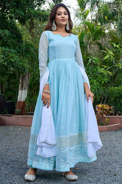 Sky Blue Embroidered Anarkali Suit Set