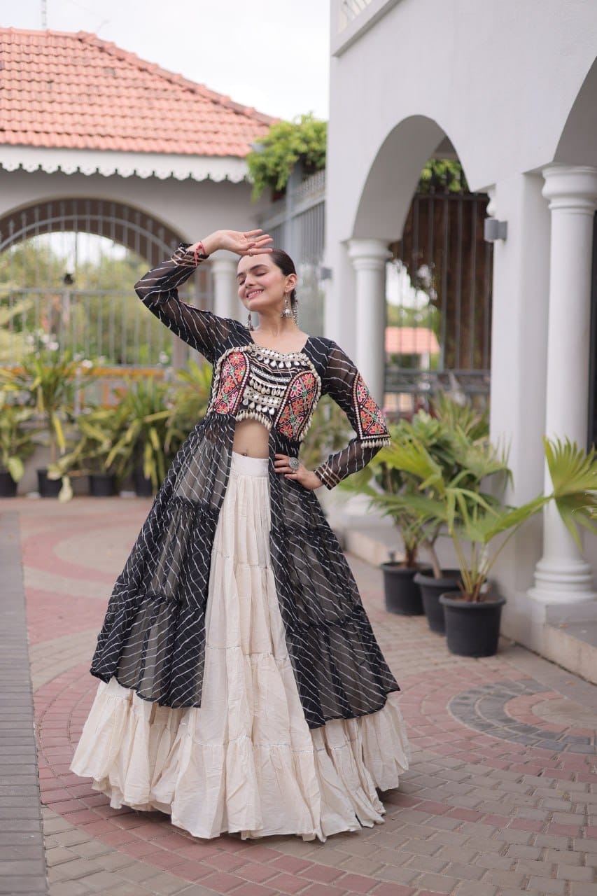 Women’s Black & White Navratri Lehenga Set with Embroidered Jacket