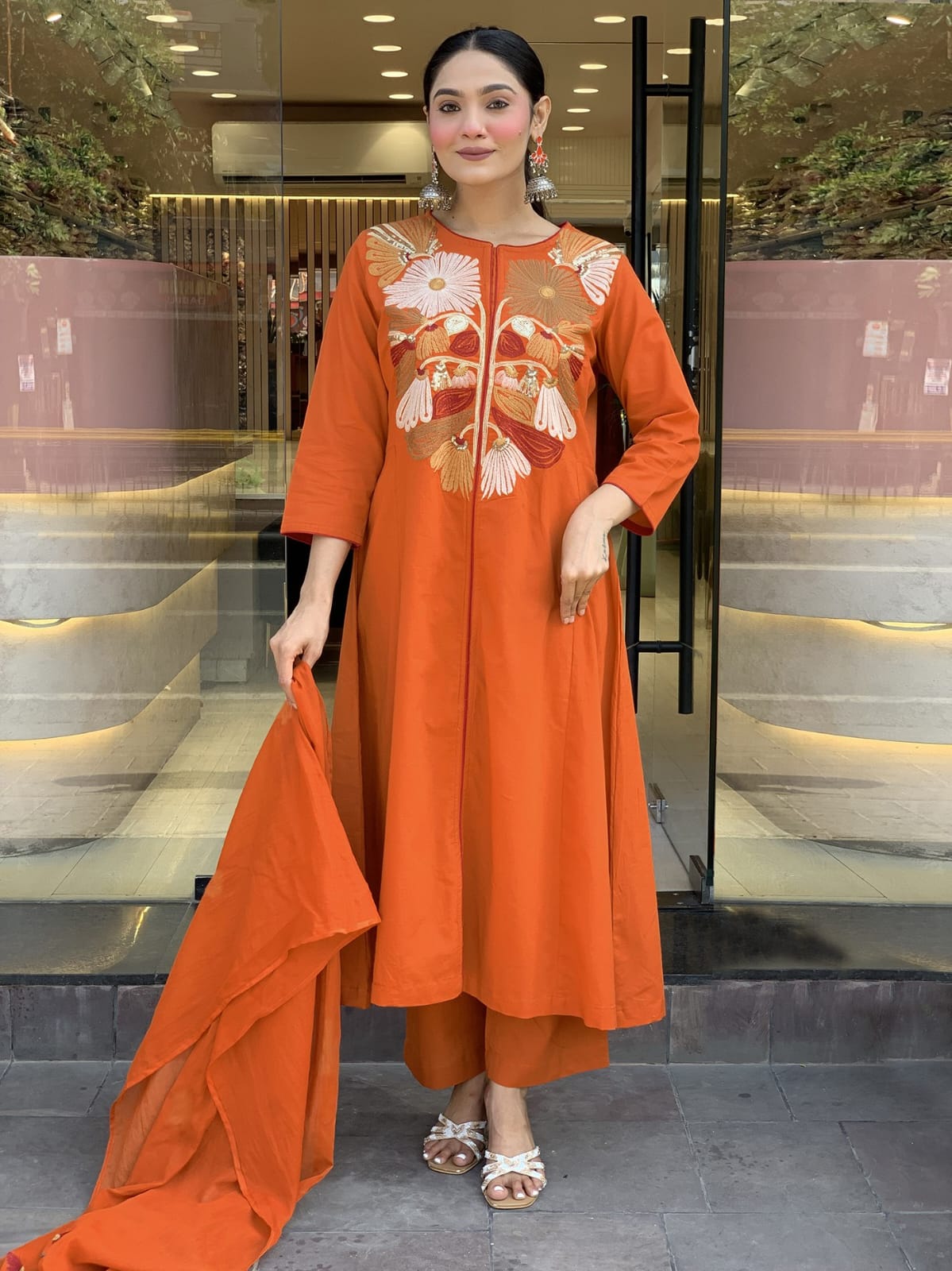 Rust Orange Floral Embroidered Kurta Set