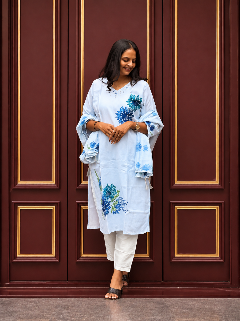 Sky Blue Floral Printed Cotton Kurta Set with Dupatta for Women
