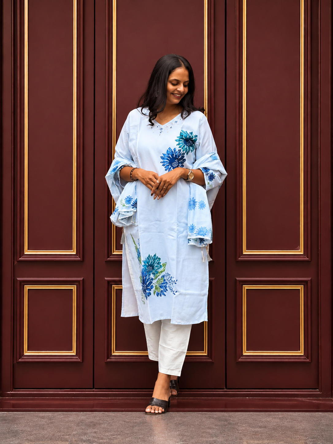 Sky Blue Floral Printed Cotton Kurta Set