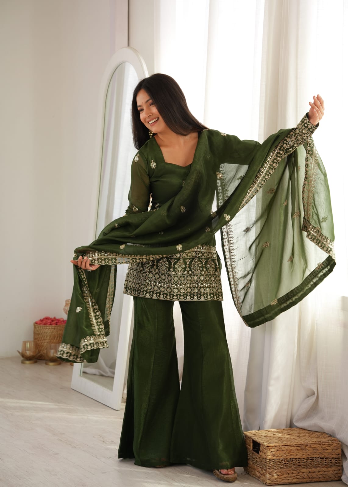Emerald Green Embroidered Kurta Sharara Set