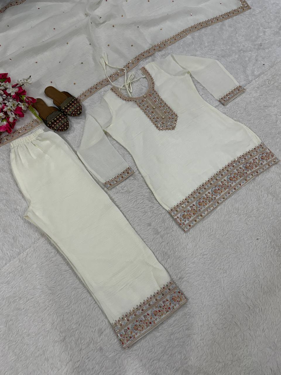 White Embroidered Palazzo Suit Set with Dupatta