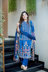 Navy Blue Floral Printed Kurta Pant & Dupatta Set