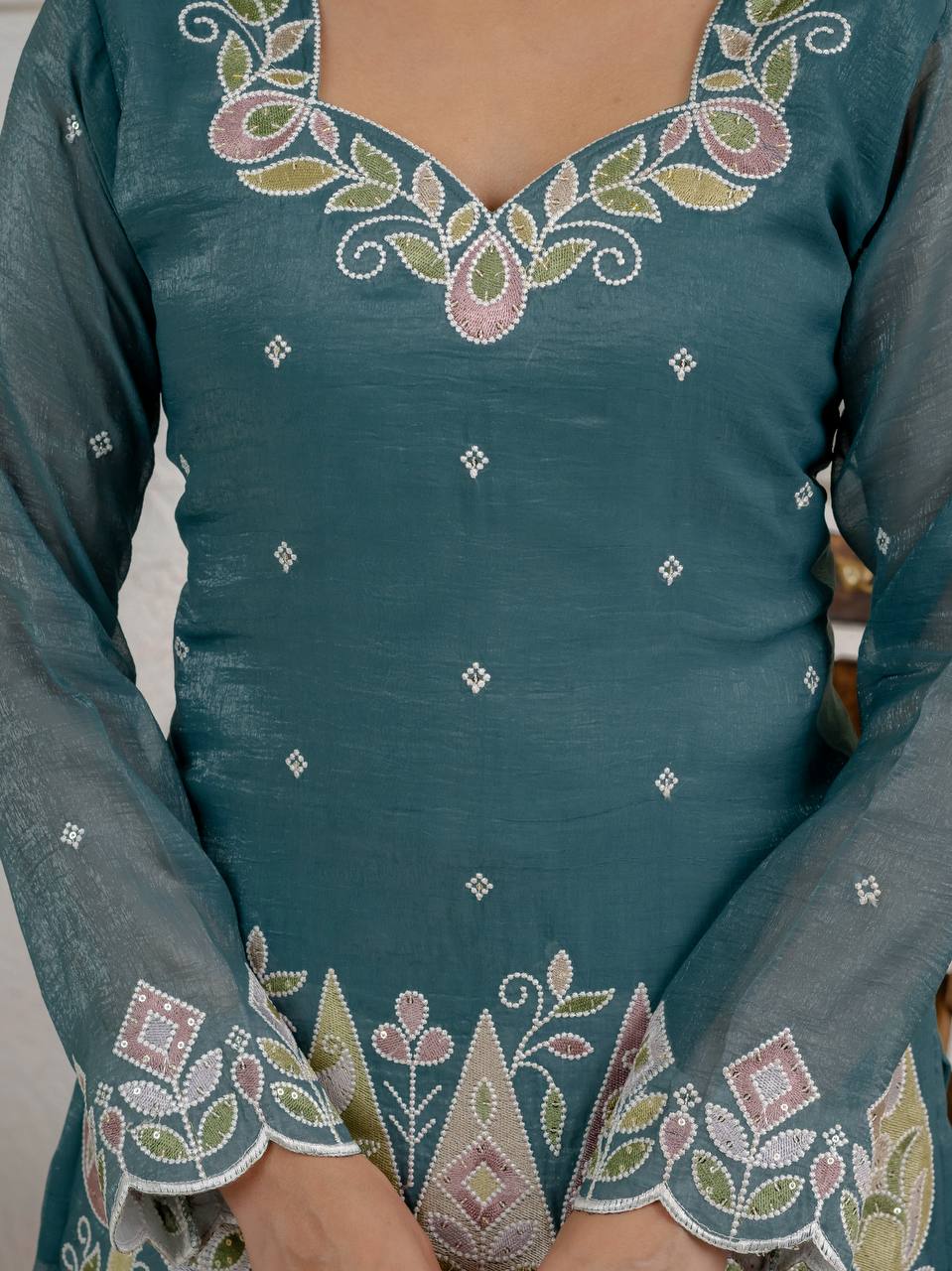 Teal Blue Embroidered Palazzo Suit Set with Dupatta