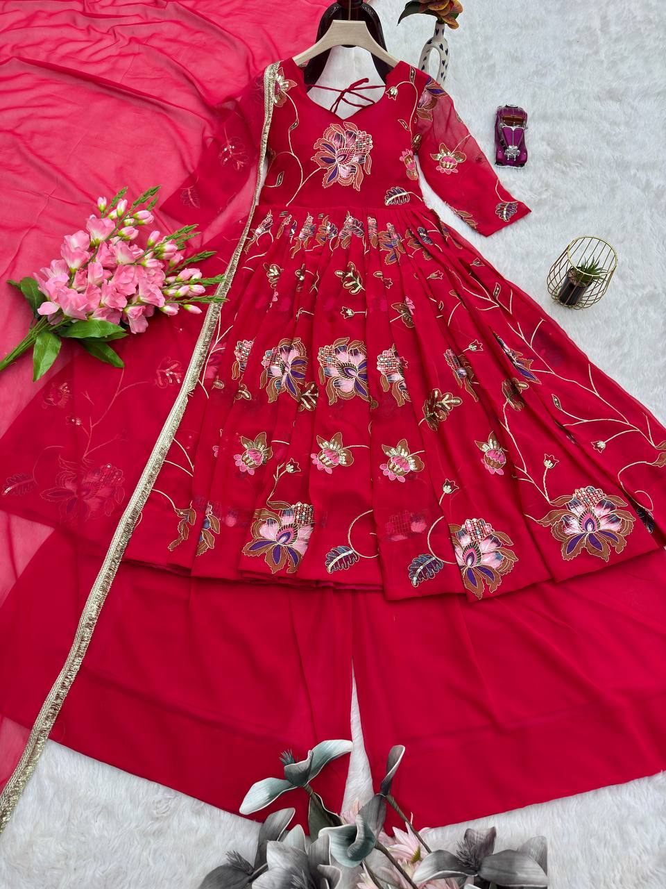 Hot Pink Floral Embroidered Anarkali Suit with Dupatta