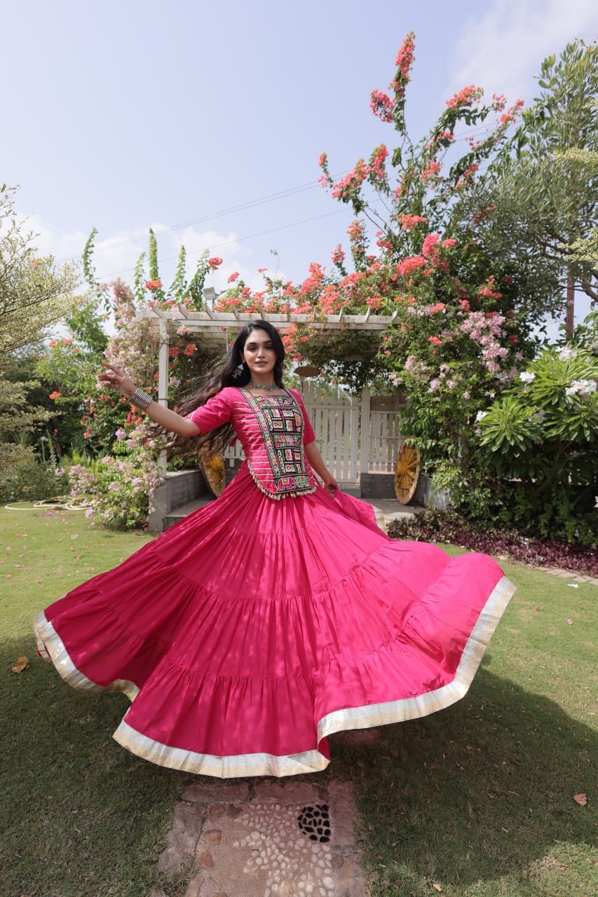 Women’s Pink Navratri Lehenga Choli with Multicolor Embroidered Front