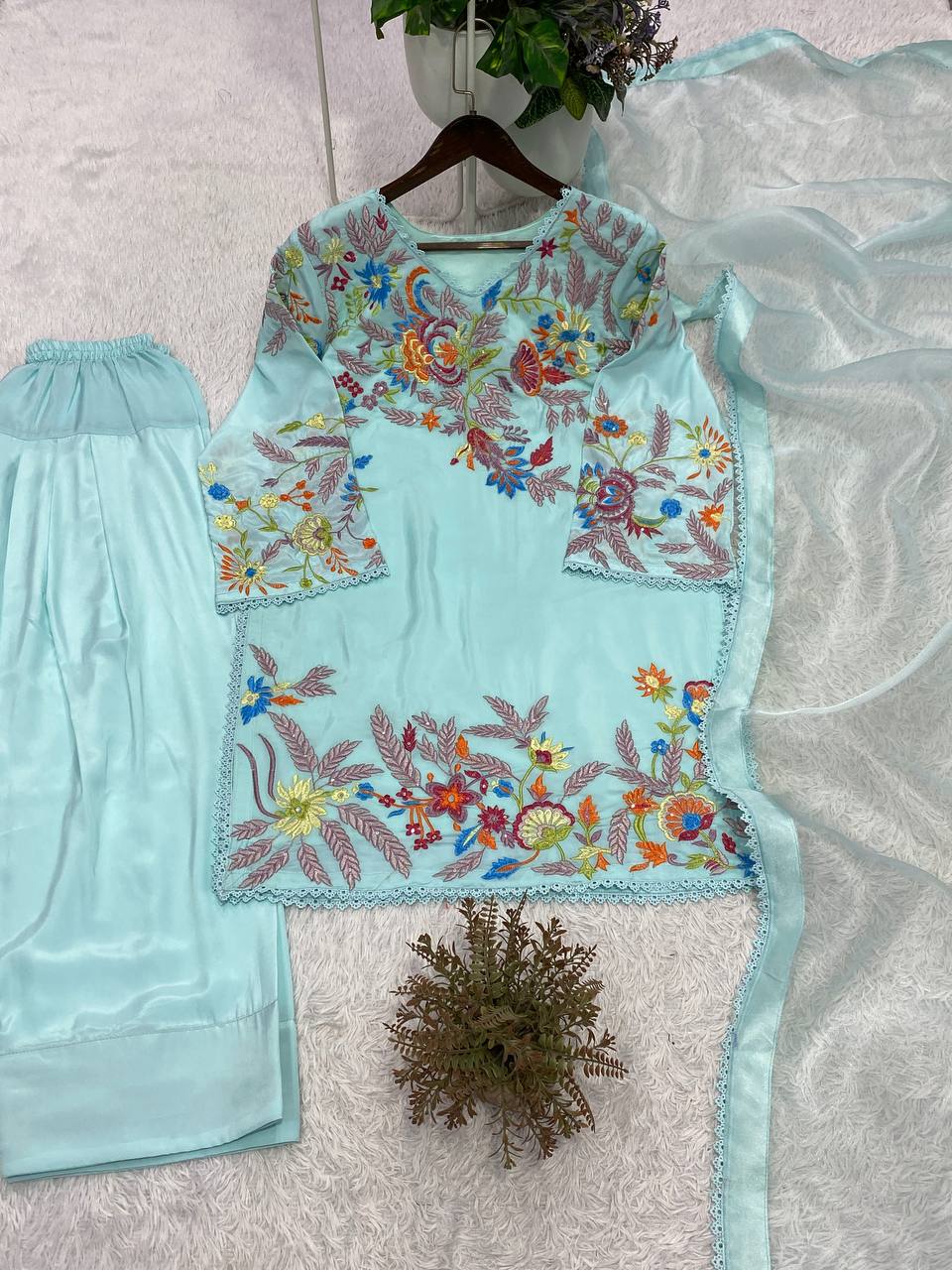 Sky Blue Embroidered Kurta Pant & Dupatta Set