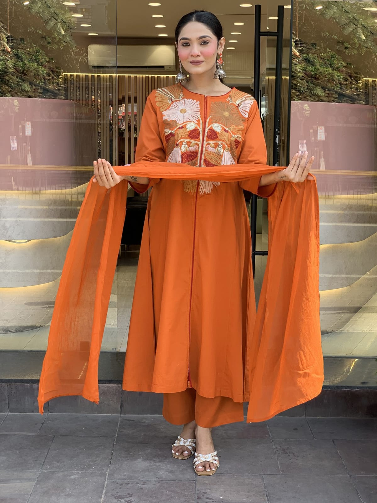 Rust Orange Floral Embroidered Kurta Set