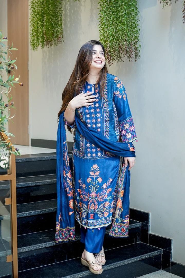 Navy Blue Floral Printed Kurta Pant & Dupatta Set