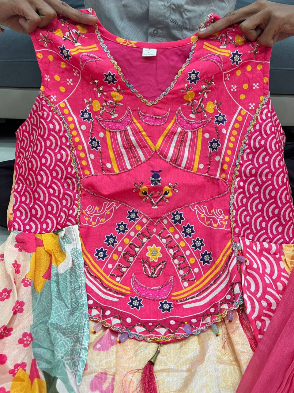 Pink Embroidered Crop Top with Printed Palazzo & Dupatta