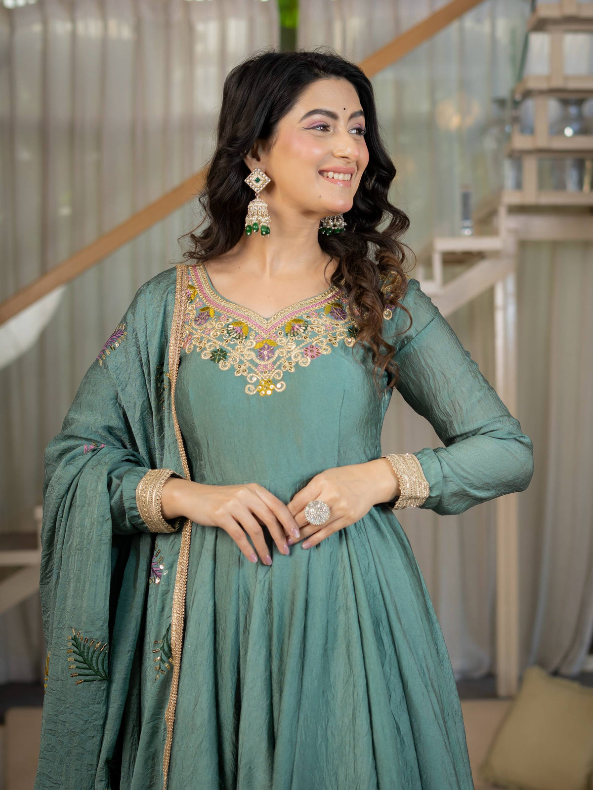 Teal Green Embroidered Anarkali Gown with Dupatta