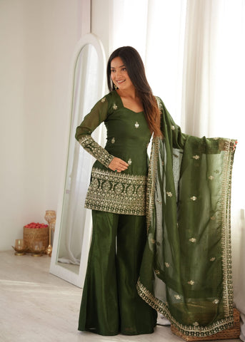 Emerald Green Embroidered Kurta Sharara Set