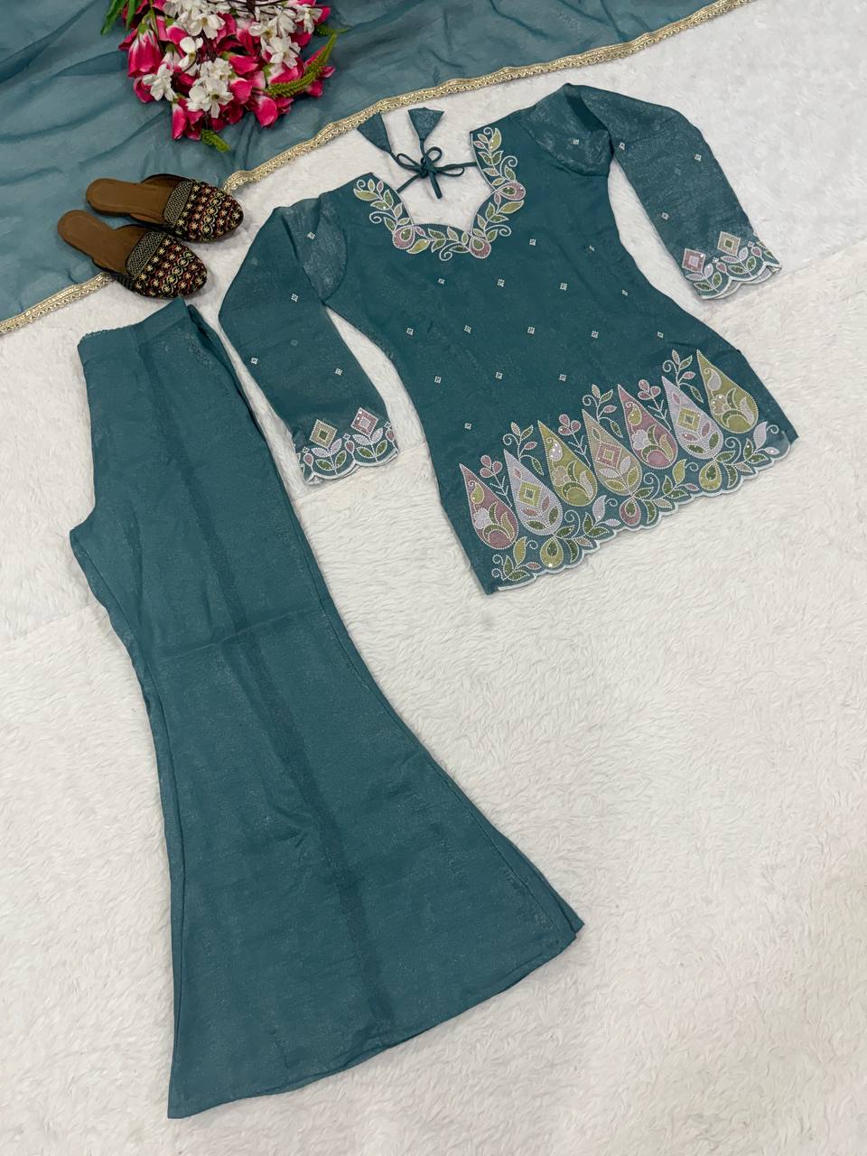 Teal Blue Embroidered Palazzo Suit Set with Dupatta
