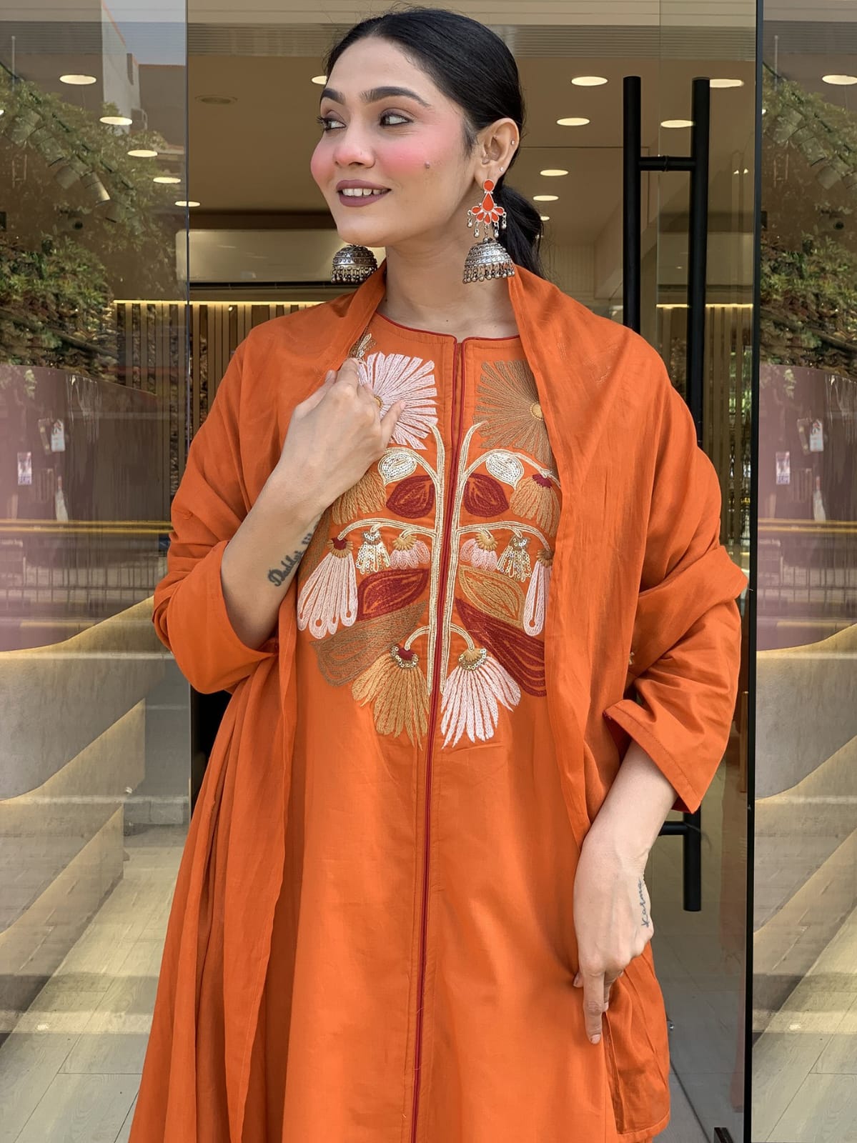 Rust Orange Floral Embroidered Kurta Set