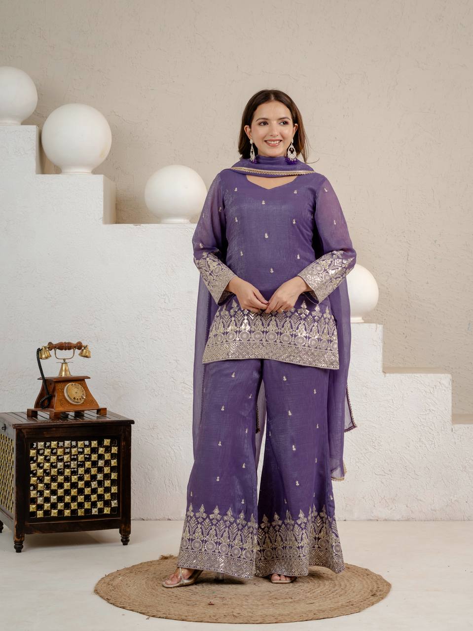 Lavender Purple Embroidered Palazzo Suit Set with Dupatta