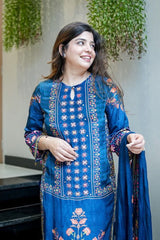 Navy Blue Floral Printed Kurta Pant & Dupatta Set