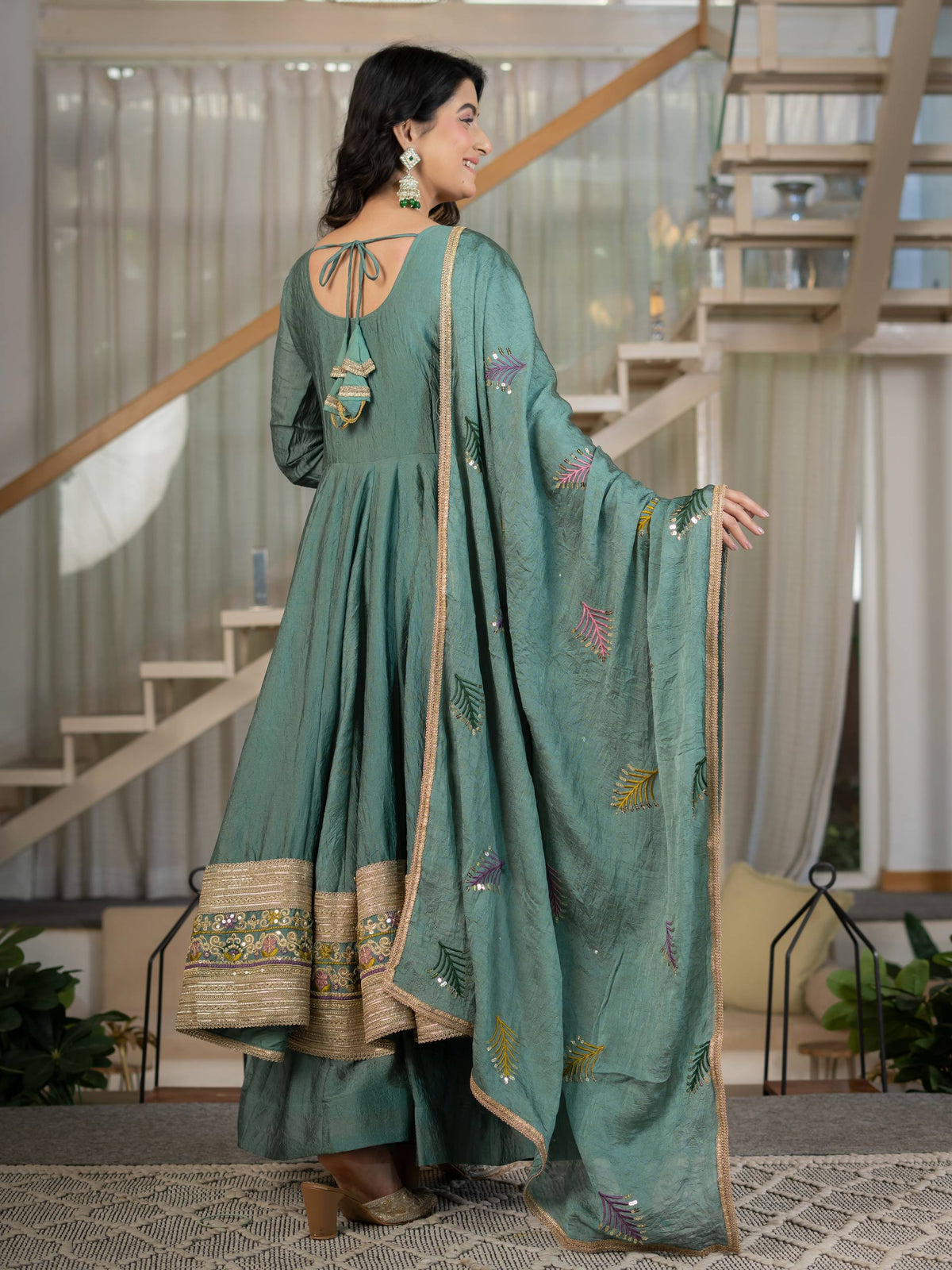 Teal Green Embroidered Anarkali Gown with Dupatta