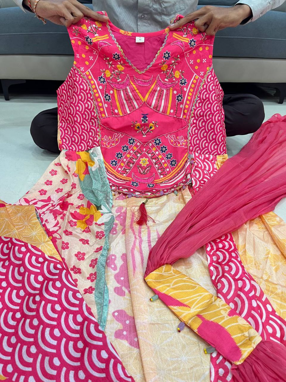 Pink Embroidered Crop Top with Printed Palazzo & Dupatta