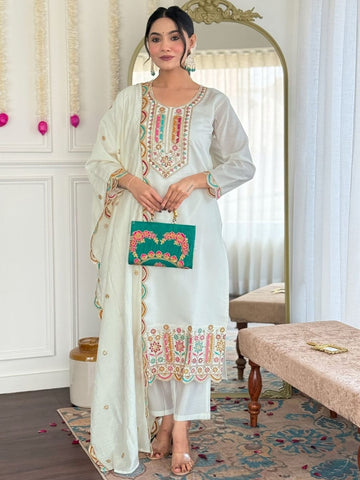 Embroidered Cotton Kurta Set with Dupatta